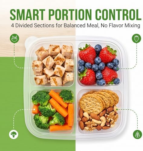 50 Pcs Snack Containers, 4 Compartment Bento Box with Lids, Plastic Food Storage Containers for Work Travel Camping(Clear)
