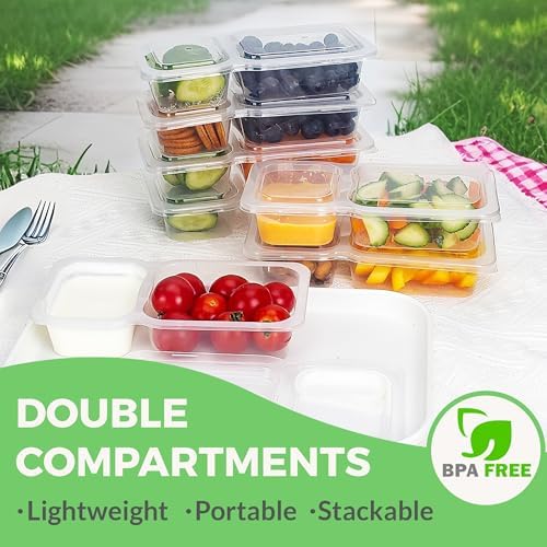 Reusable Snack Containers with Lids, 9 oz Double Compartment Plastic Snack Pack Containers Portion Control Meal Prep Snack Boxes BPA Free 40 Sets for Work Travel School