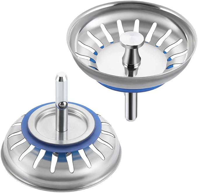 SEIWEI 2 Pack Kitchen Sink Drain Strainer Stopper Combo Basket Spring Clip Replacement, Fit Rod Standard Drain, Stainless Steel Anti-Clog Filter