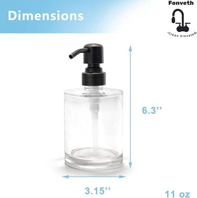 Bathroom Soap Dispenser Glass with Oil Rubbed Bronze Pump, 11 OZ Clear Cylinder Bottle with Stainless Steel Pump Refillable Liquid Hand Soap Dispenser for Kitchen Countertop