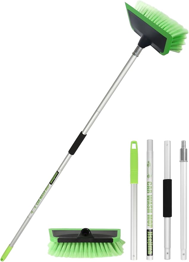 2 in 1 Car Wash Brush with Squeegee PBT Soft Bristle Truck Scrub Detail Brush 60” 151cm with Adjustable Long Handle for Interior Exterior Car Truck RV Boat Deck House Siding Cleaning Sweep Snow