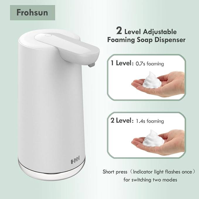 Automatic Foaming Soap Dispenser, 2-Level Adjustable Foam, USB Rechargeable, Touchless Hand & Dish Soap Dispenser for Bathroom, Kitchen, Hotel, Restaurant (Light White)