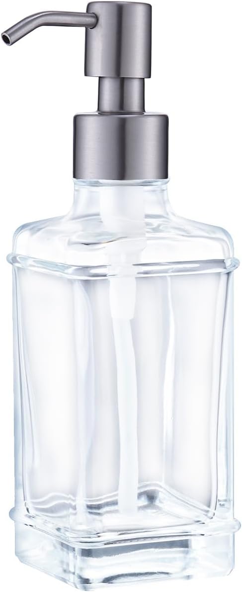 Clear Glass Soap Dispenser with Brushed Nickel Pump, 10 OZ Rectangle Glass Bottle with Stainless Steel Pump Refillable Liquid Hand Soap Dispenser Square Slim for Bathroom Kitchen