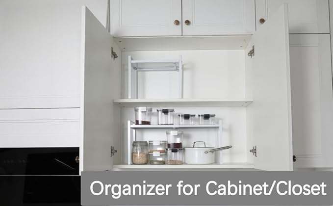 Expandable Cabinet Shelf Organizer Riser for Kitchen Pantry Cupboard Under Sink Countertop (white, 8.2’’D * 12.2-21.6’’W * 10.4’’H)