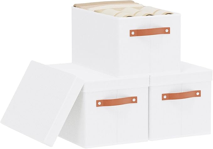 Fabric Storage Bins with Lids, 15 x 9.8 x 8.3 Inch Storage Boxes for Shelves Wardrobe Bedroom, Closet Organizers with Handles, White, 3-Pack