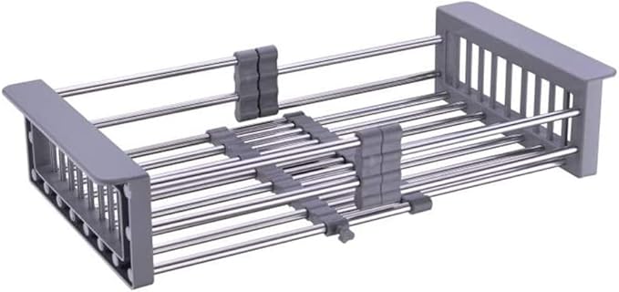 Aspasia Dish Drying Rack, Adjustable Stainless Steel Drainer Basket Drain Tray for Dish Vegetable Fruit, 18.2" x 8.9", On Counter Dish Rack or in Sink Over Sink Kitchen Basket Grey