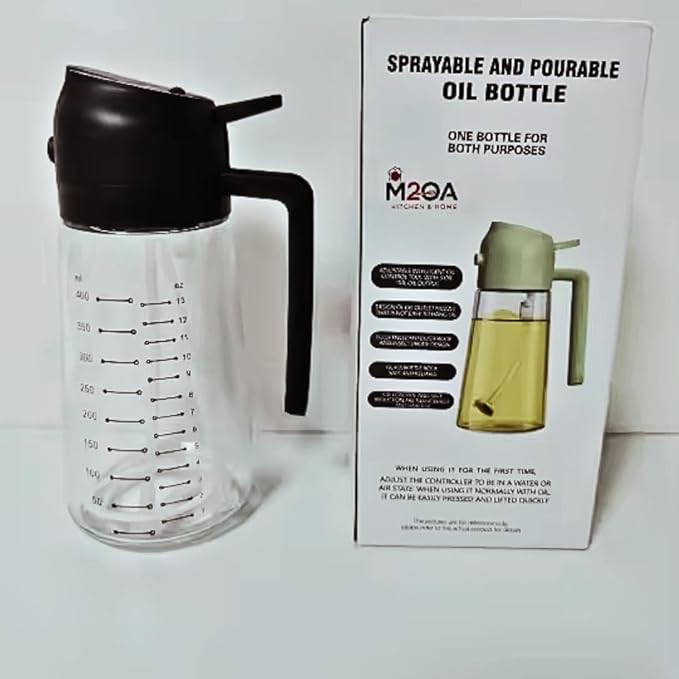 M2OA Glass Oil Sprayer with Dual Function, Green, 16oz/470ml, Premium BPA-Free Oil Dispenser Bottle for Cooking, Scales to keep track of measure, Salad, BBQ (Black)