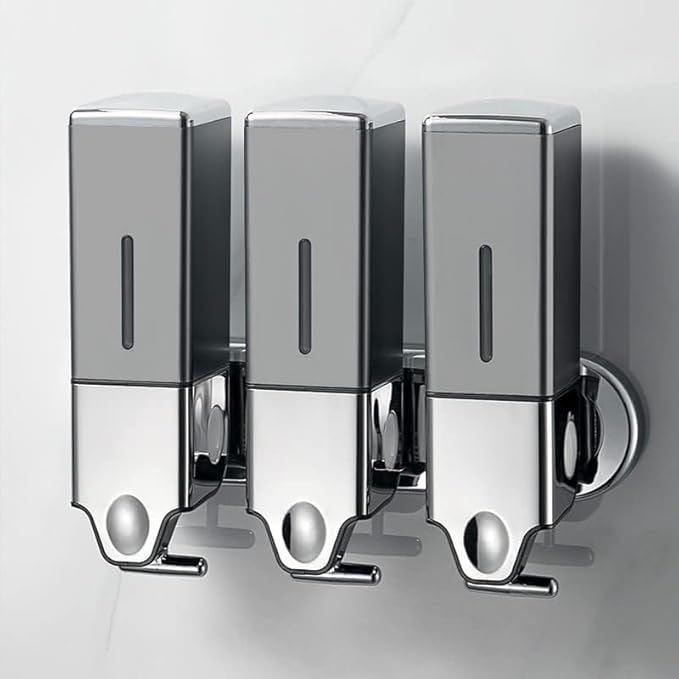 No-Drill 3 Pack 500ml Wall Mounted Soap Dispenser for Bathroom and Kitchen, Shampoo and Conditioner Dispenser Drill Free with Adhesive(Square-Grey)