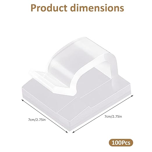 100PCS Clear Adhesive Cable Clips, Wire Organizer Cord Management Staples, Strong Hold for Wall Desk, Christmas Lights, TV PC Ethernet Cable