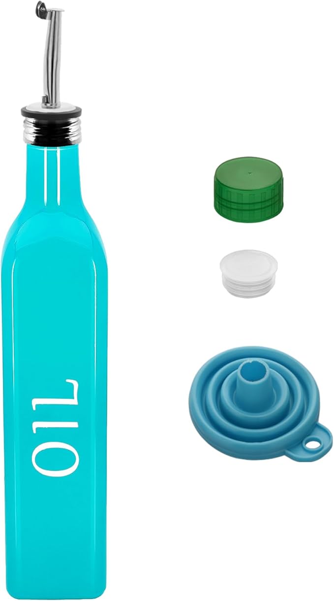 1 Pc 17oz Olive Dispenser Bottle,500ml Glass Oil and Vinegar Dispenser Set with 1 Stainless Steel Pourers,Funnel Bottles for Kitchen (Turquoise Oil)
