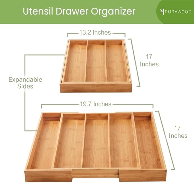 Purawood Kitchen Drawer Organizer - Expandable Utensil Drawer Organizer for Kitchen, Cutlery Tray & Silverware Organizer, 3-5 Slots - Bamboo Organizer for Utensils & Flatware (Natural)