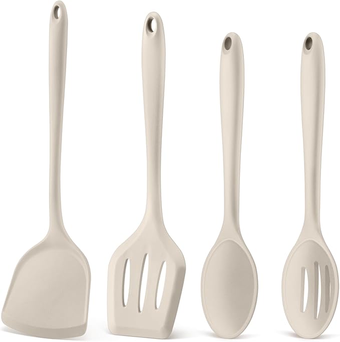 P&P CHEF Kitchen Utensil Set, 4 Pieces Non-stick Silicone Cooking Utensils, Heat-resistant Slotted Solid Spoon Turner for Frying, Mixing, Serving, Non-toxic & Easy to Clean, Khaki