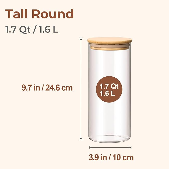 ComSaf 1.7 Qt Glass Storage Containers with Lids, Glass Jars with Lids, Clear Food Storage Jar, Round Canister Set of 3