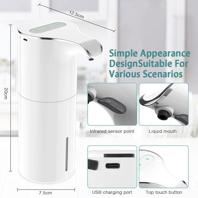 Soap Dispenser Automatic - Touchless USB Rechargeable Electric Liquid Soap Dispenser Waterproof Adjustable Volume 450Ml, White