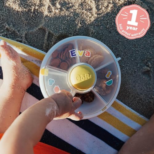 Kids Small Snack Spinner Flip Bundle with Hand Strap and Sticker Sheet - Reusable Snack Container with 5 Compartment Dispenser and Lid | BPA/PVC Free | Dishwasher Safe | No Spill- Mint Green