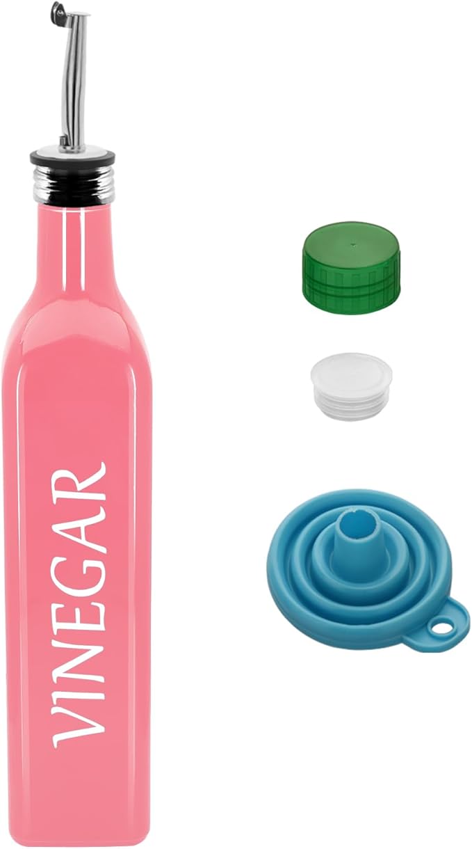 1 Pc 17oz Olive Dispenser Bottle,500ml Glass Oil and Vinegar Dispenser Set with 1 Stainless Steel Pourers,Funnel Bottles for Kitchen (Pink Vinegar)