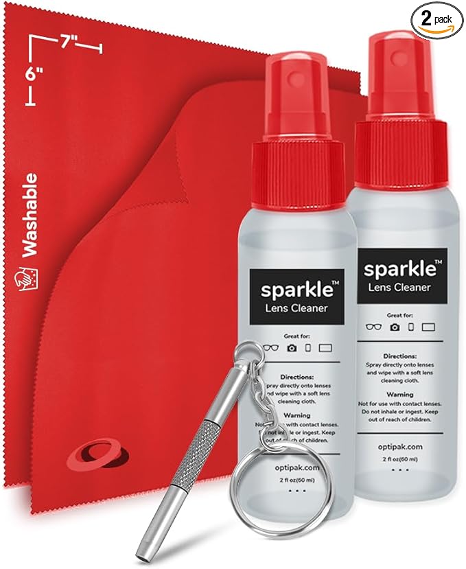 Sparkle Anti-Reflective Safe Lens Cleaner & Repair Kit – (2) 2oz Glasses Cleaner Spray, (2) Microfiber Cloth & Keychain Screwdriver for Eyeglasses, Sunglasses, Lenses & Screens (5 Piece Set)