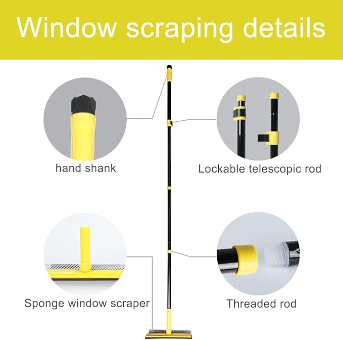 Long Handle Window Squeegee,2-in-1 Glass Squeegee Have 63" Adjustable Soft Rubber Blade & 10" Absorbent Sponge Head for Car Windshield, Gas Station