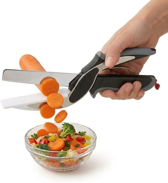 Professional 2-in-1 Kitchen Smart Cutter – Stainless Steel Vegetable Scissors & Food Chopper with Built-in Cutting Board – Multi-Function Slicer for Fruits, Veggies, Cheese, and Meat