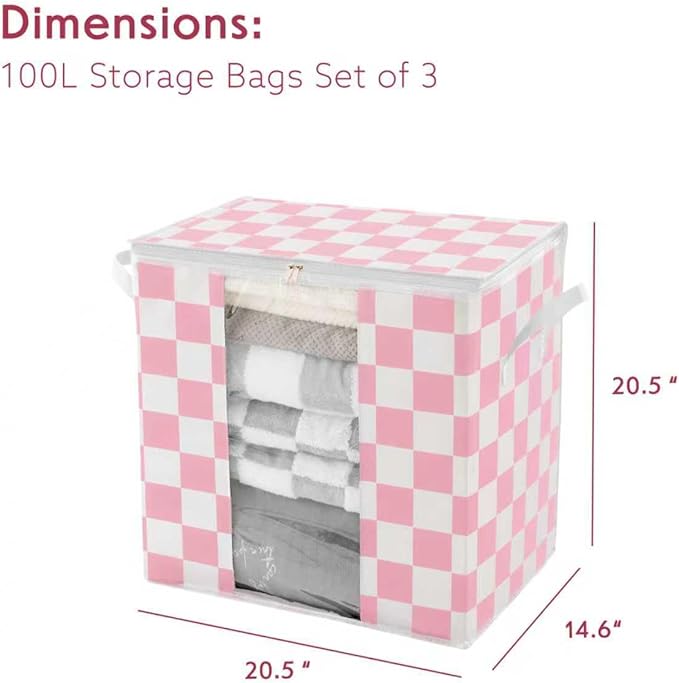 Pink Checkered Clothes Storage Bins, 100L Large Blanket Storage Bags 3 Pack