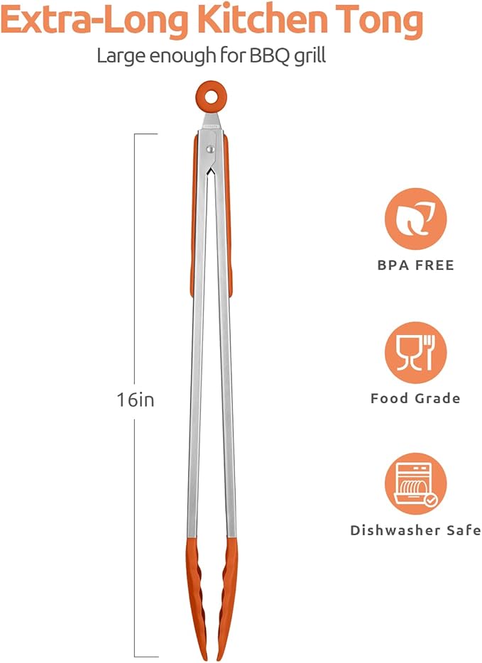 600ºF Heat Resistant Kitchen Tongs: U-Taste 16 inch Extra Long Large Silicone Cooking Tong with Sturdy Non Stick Rubber Tips & Non Slip Silicon Coated 18/8 Stainless Steel Handle for Grill BBQ(Orange)