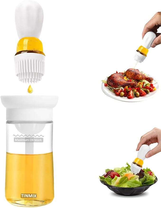 TINMIX Oil Dispenser with Brush - 2 IN 1 Glass Olive Oil Dispenser for Cooking, Upgrade T-OB21S Oil Dispensing Bottle with Silicone Basting Brush for Vinegar Sauce BBQ Grill Frying Kitchen, White