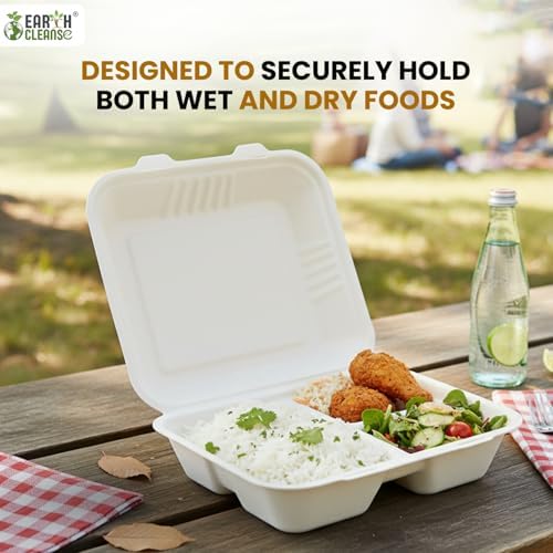 Pack of 200 9x9 3-Compartment Bagasse Clamshell Box Eco-Friendly Biodegradable Microwave & Freezer Safe Ideal for Takeaway Catering & Events Sustainable Disposable Food Container