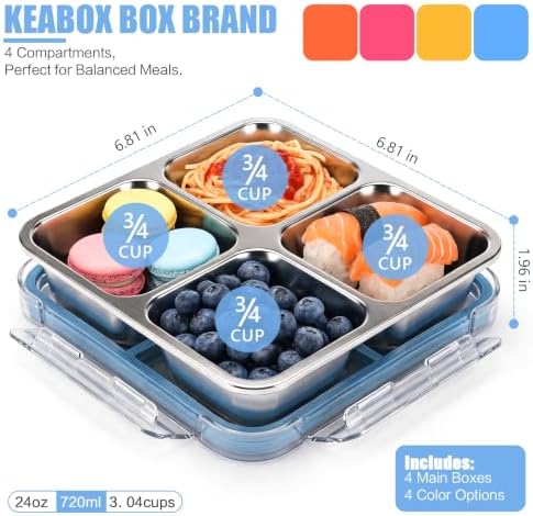 4 Pack Stainless Steel Snack containers, Leak-Proof, 4 Compartments, 3 Cups