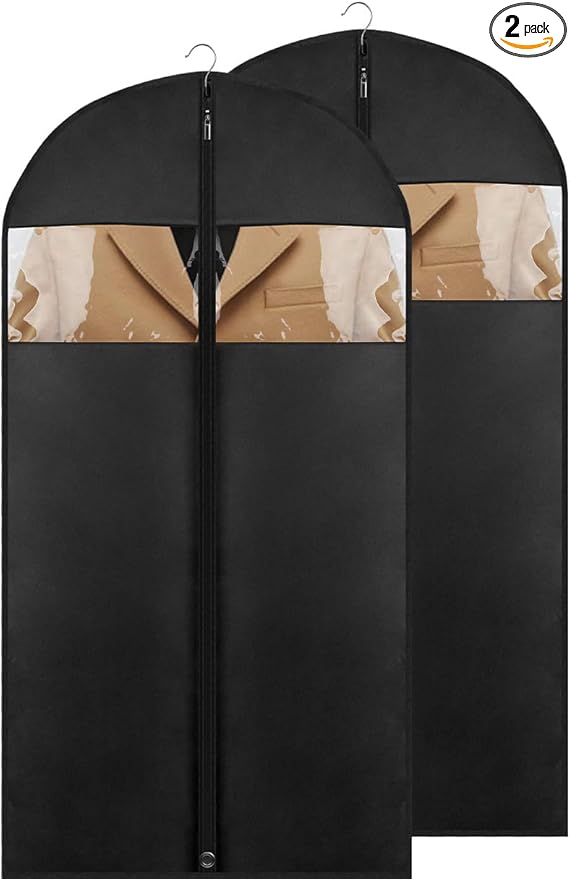 Garment Bags for Hanging Clothes, 43" Suit Bags for Closet Storage & Travel, 2-Pack Garment Covers with Clear Window, Foldable Clothing Bags for Suits, Jackets & Shirts (Black)