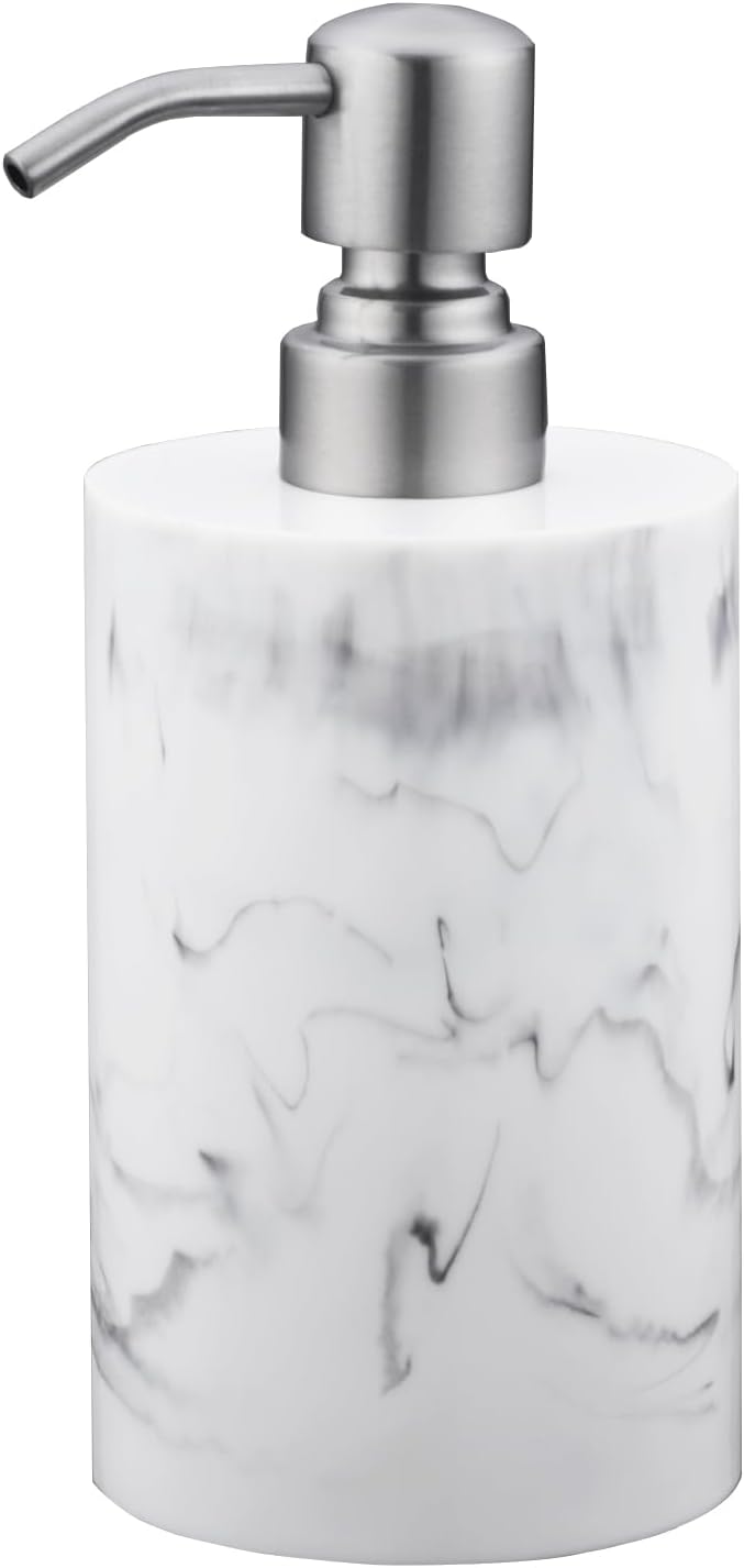 Hand Soap Dispenser White Marble for Bathroom Kitchen, 13.5oz Resin Bottle with Brushed Nickel Stainless Steel Pump, Cylindrical Bottle Countertop - for Liquid Soap, Lotion and Dish Soap
