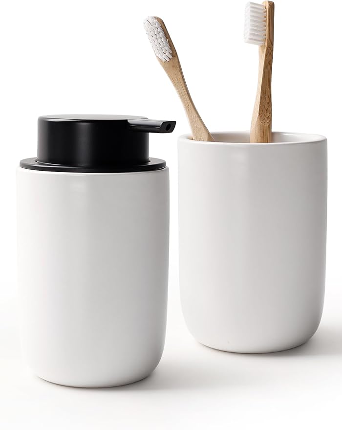 Bosilunlife Soap Dispenser and Toothbrush Holder Set - 11Oz Dish Hand Soap Dispenser Pump Ceramic Bathroom Counter Soap Toothbrush Holder Set White Bathroom Accessories Set