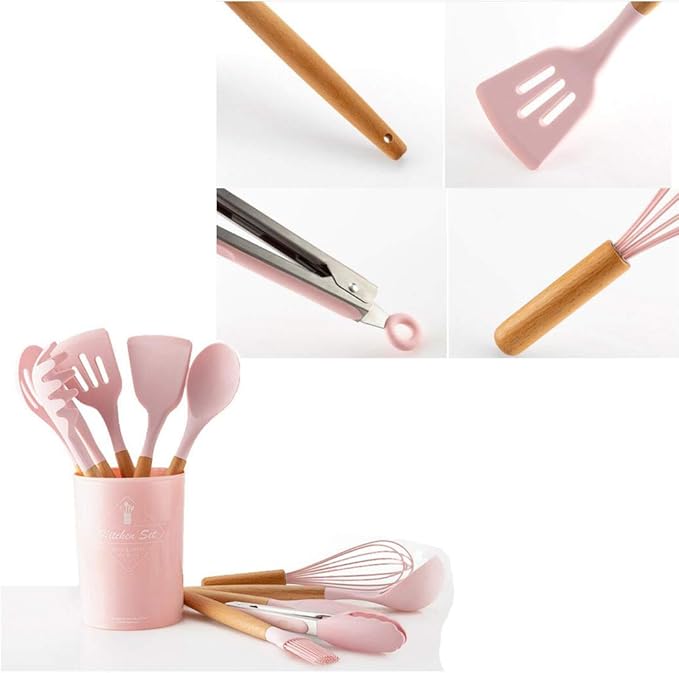 17PCS Silicone Utensils Set with Wooden Handle Heat Resistant Cookware Utensils Kit Easy To Clean Kitchenware Kitchen Tools for Non-Stick Cookware - Pink