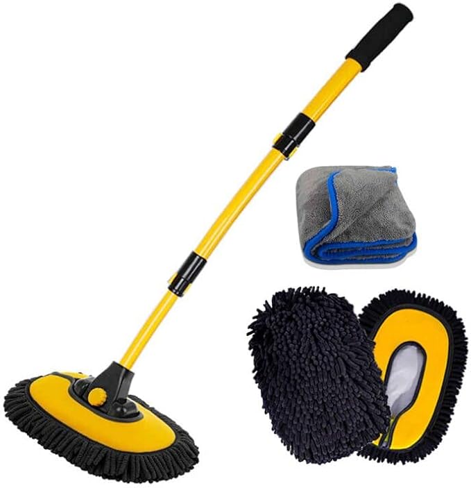 BMLEI Car Wash Brush with Long Handle, Microfiber Towels Car Wash Kit Cleaning Supplies, Car Wash Mop Mitt with 2 Replacement Head