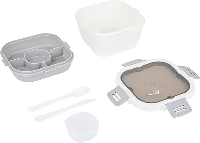 Restaurantware-Bento Tek 57.5 Ounce Bento Box, 1 Reusable Lunch Container - With Fork And Knife, Does Not Contain BPA, White And Gray Plastic Reusable Lunch Box, Microwavable, Dishwashable