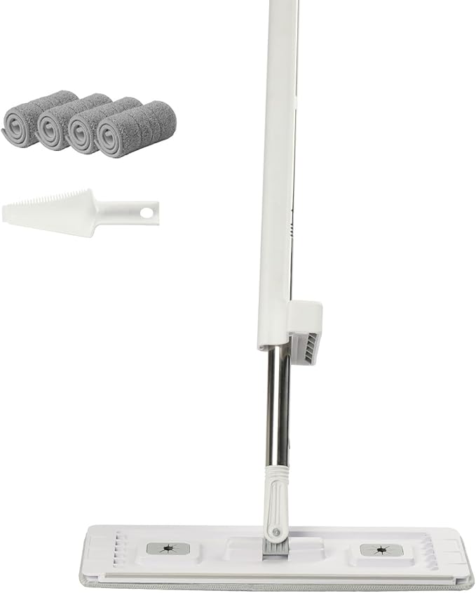 VEVOR Flat Mop, Self Wringing, Microfiber Floor Cleaner with 4 Reusable & Washable Pads for Dry & Wet Floor Cleaning, Microfiber Flat Mop with Stainless Steel Handle for Hardwood Laminate Tile Vinyl