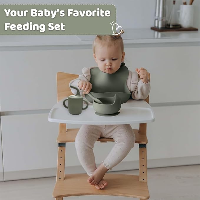 6-Piece Silicone Baby Feeding Set Non-Slip Suction Plate, Bowl, Spoon, Fork, Cup, Bib. BPA-Free, Dishwasher & Microwave Safe for Babies & Toddlers