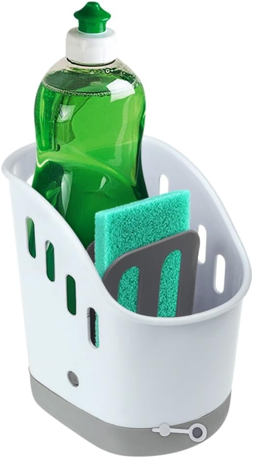 Sink Caddy Sponge Holder, Dish Soap Organizer for Kitchen Sink with Removable Compartment and Non-Slip Base for Brushes Scrubber Drainers, Drain Holes for Sanitary Drying Premium ABS