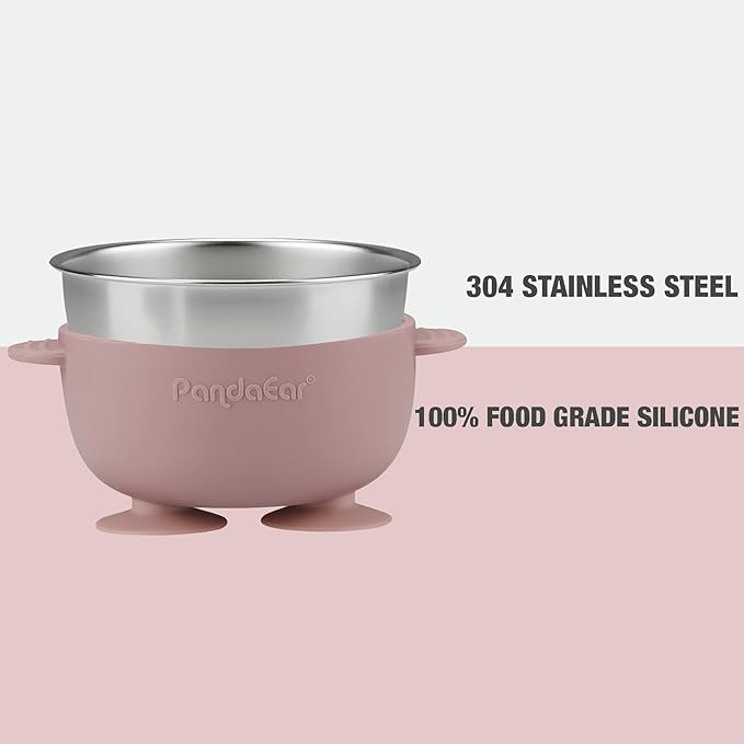 PandaEar 3 Pack Stainless Steel Suction Baby Bowls & 3 Baby Feeding Spoons | Non-Slip Stay Put Bowls & Soft Silicone First Stage Spoons for Toddlers, BPA-Free Baby Led Weaning Set (Pink White)