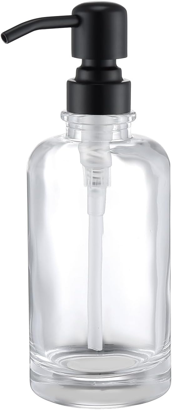 Bathroom Soap Dispenser Black, 11 oz Glass Cylindrical Bottles with Stainless Steel Pump Liquid Hand Soap Dispenser Kitchen