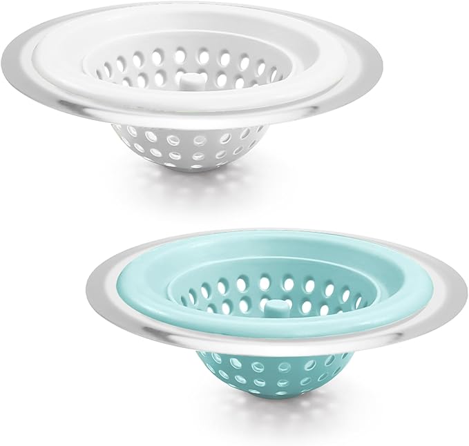 Silicone Strainer for Kitchen Sink, 2 Pack, Stainless Steel Reinforced, Basket Strainer, Drain Cover, Food Catcher, Debris Trap
