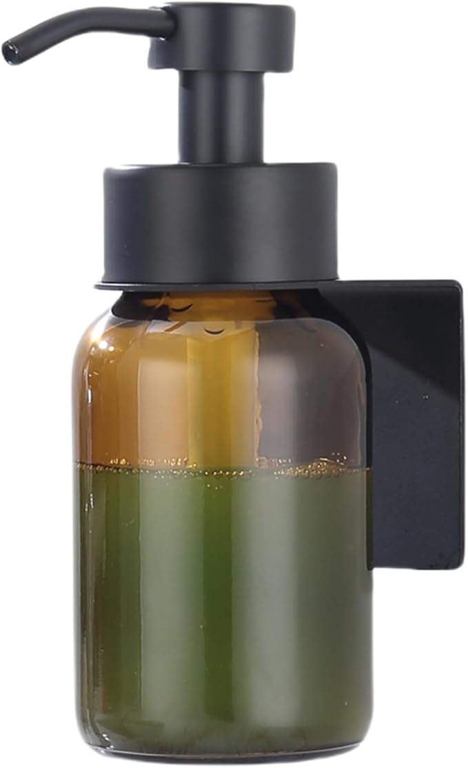 Glass Soap Dispenser, Soap Dispenser Drill Free Wall Mount, Thick Glass Amber Bottle Wall Mount, Round Bottles Dispenser with Rustproof Pump Black Pump Head