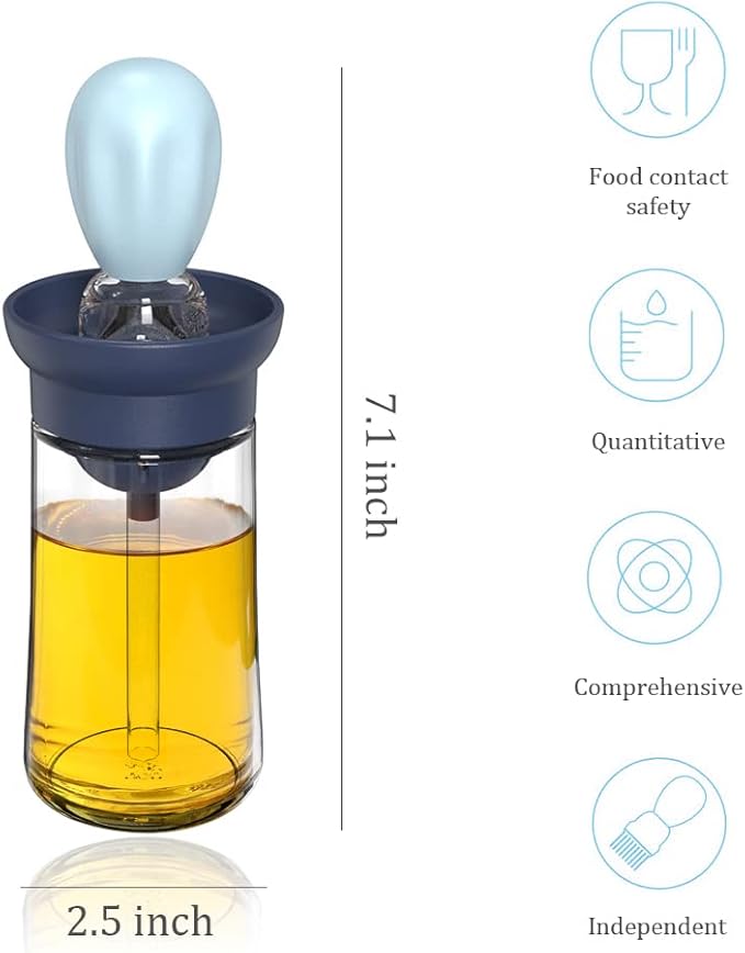 Glass Olive Oil Dispenser with Brush, 2 In 1 Silicone Dropper Measuring Oil Dispenser Bottle for Kitchen Cooking, Frying, Baking, BBQ Pancake, Air Fryer, Marinating (Blue)