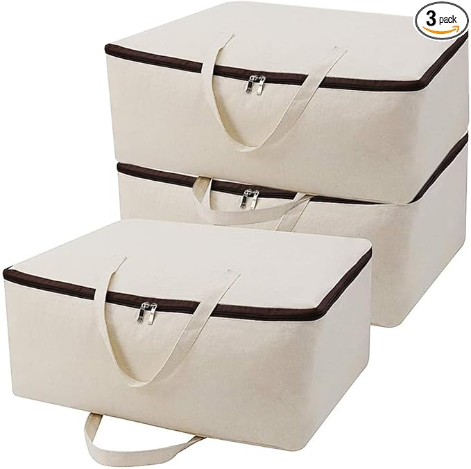 Breathable Canvas Cotton Soft Storage Bags with Handles & 3-side Zip, Good for Cotton Clothes Bedding Organizer Bins, Beige, 3pcs