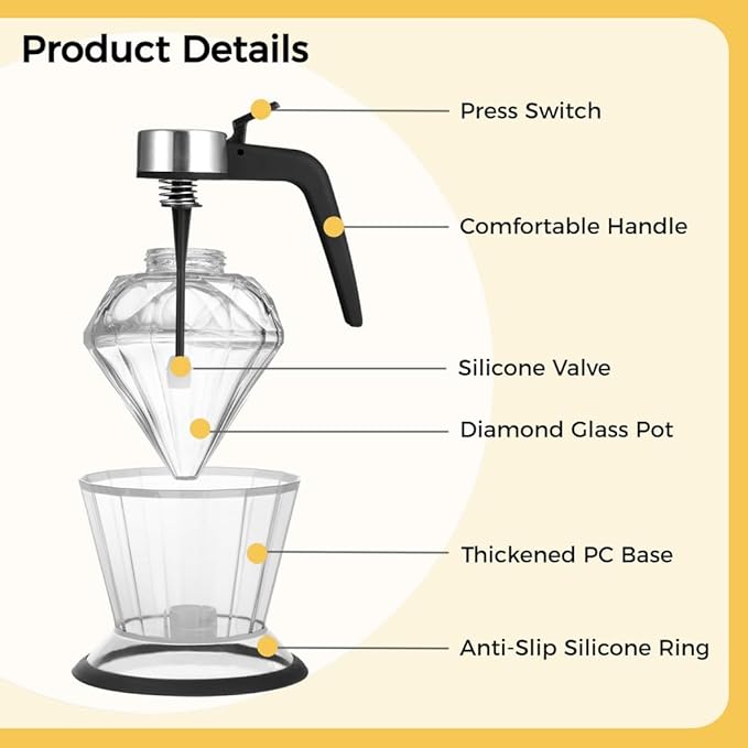 200ml Honey Dispenser with Stand, Premium No Drip Design Syrup Dispenser, Elegant Diamond Shape with Stainless Steel Top Glass Honey Dispenser, for Maple Syrup, Cooking Oil, Seasonings