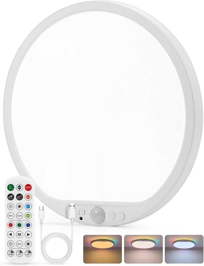 Bojim 10000mAh Battery Operated Ceiling Light with Remote, Rechargeable Wireless Waterproof Shower Light with RGB Backlight, 12 Inch Dimmable Hallway Lamp Motion Sensor for Room Closet Pantry Garage
