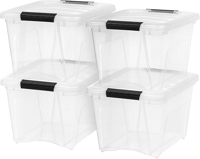 IRIS USA 19 QT Plastic Storage Box with Lid and Latches - 4 Pack - BPA-Free, See-Through Organizing Solution, Durable Nestable Stackable Containers, Secure Pull Handle - Clear
