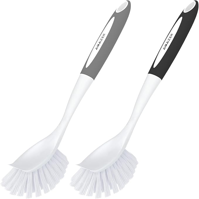 Amazer Dish Brush, 2 Pack Dish Scrubber with Handle, Kitchen Dishes Brushes, Scrub Brush with Stiff Bristles for Cleaning, Sink, Pots, Pans
