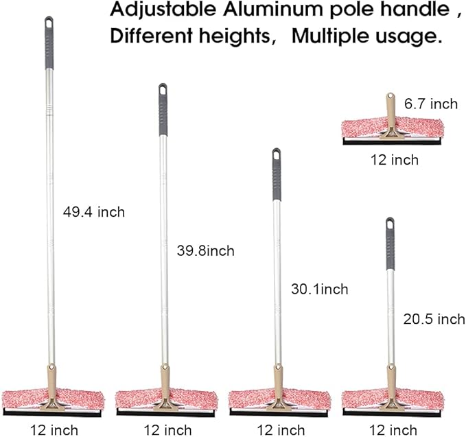 Multi-Purpose 12 inch Window Squeegee with 6.7inch-49.4inch Adjustable Aluminum Pole, Highly Absorbent Microfiber Window Scrubber for Window Cleaning