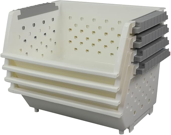 Kekow 4-Pack Plastic Large Stacking Organizer Basket, Stackable Storage Basket, White