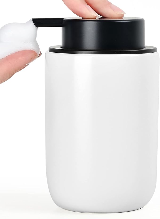 BosilunLife Foaming Soap Dispenser - Ceramic White Soap Dispenser Bathroom Small Foam Hand Dispenser Refillable Kitchen Dish Soap Bottle Hand Wash Dispenser